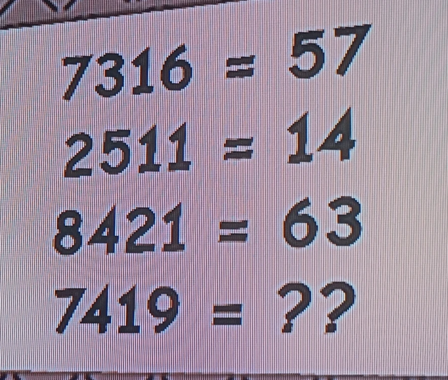7316 = 57, 2511 = 14, 8421 = 63, 7419 = ??