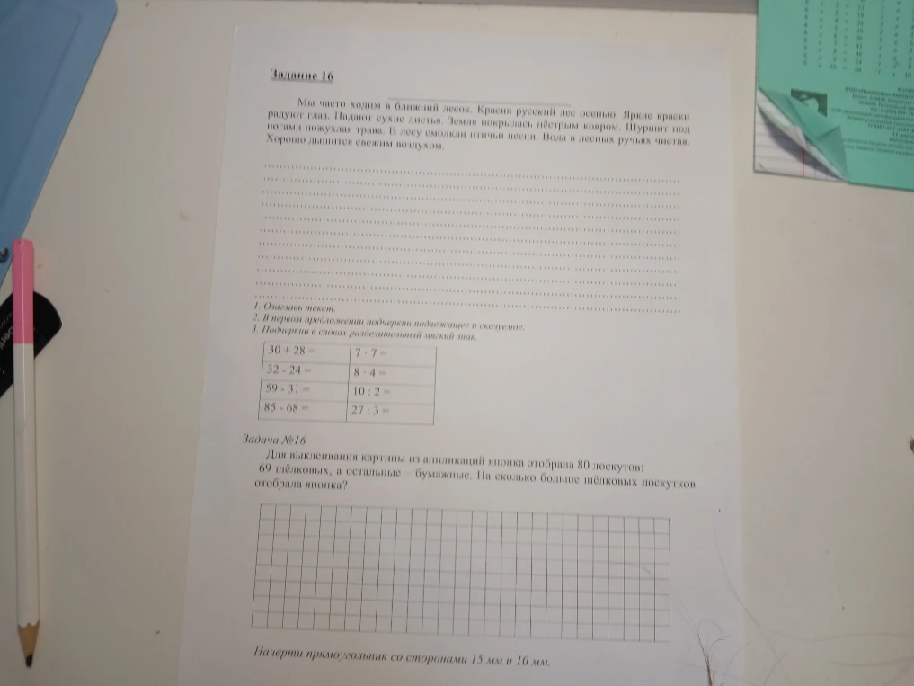 Задание 16. Мы часто ходим в ближний лесок. Красив русский лес осенью.