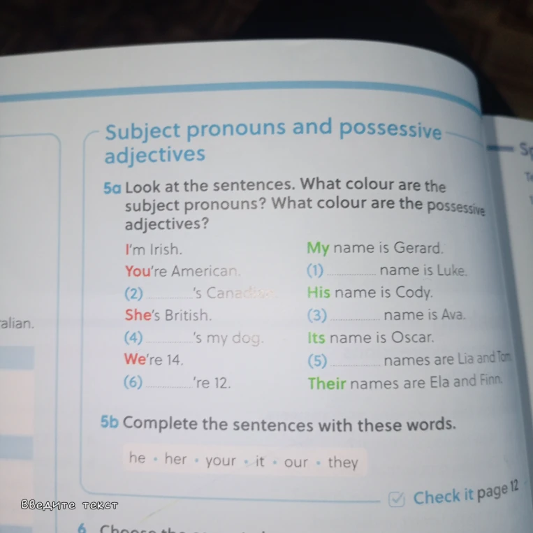 Look at the sentences. What colour are the subject pronouns? What colour are the possessive adjectives?