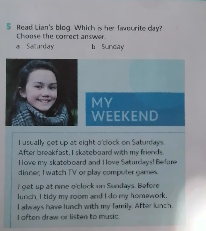 Read Lian's blog. Which is her favourite day?