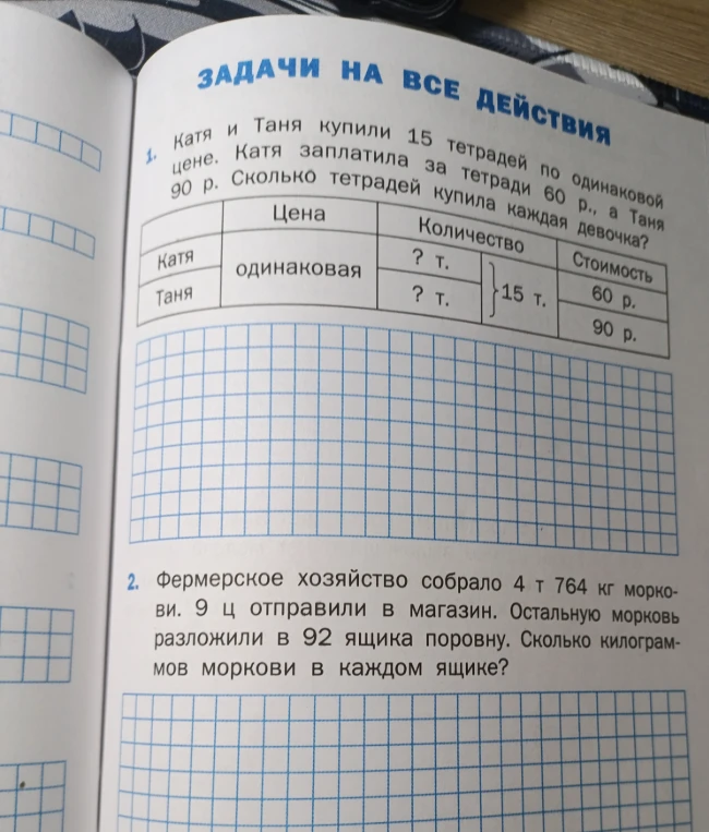 Катя и Таня купили 15 тетрадей по одинаковой цене. Катя заплатила за тетради 60 р., а Таня 90 р. Сколько тетрадей купила каждая девочка?