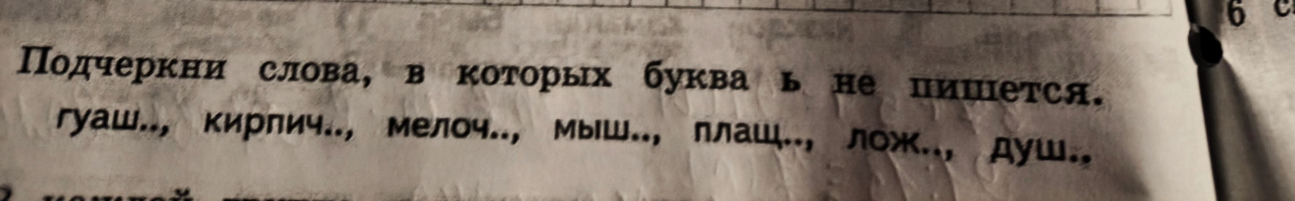Подчеркни слова, в которых буква ь не пишется. гуаш.., кирпич.., мелоч.., мыш.., плащ.., лож.., душ..