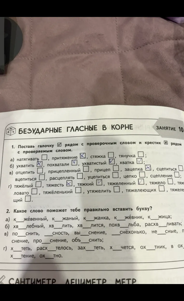 1. Поставь галочку ☑ рядом с проверочным словом и крестик ☒ рядом с проверяемым словом.