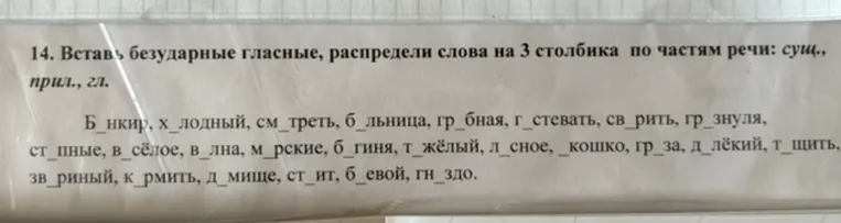 14. Вставь безударные гласные, распредели слова на 3 столбика по частям речи: сущ., прил., гл.