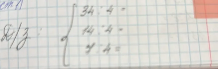 34 : 4 =, 14 : 4 =, 9 : 4 =