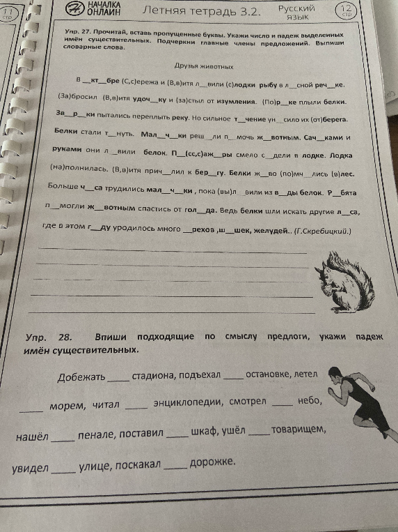 Упр. 27. Прочитай, вставь пропущенные буквы. Укажи число и падеж выделенных имён существительных. Подчеркни главные члены предложений. Выпиши словарные слова.