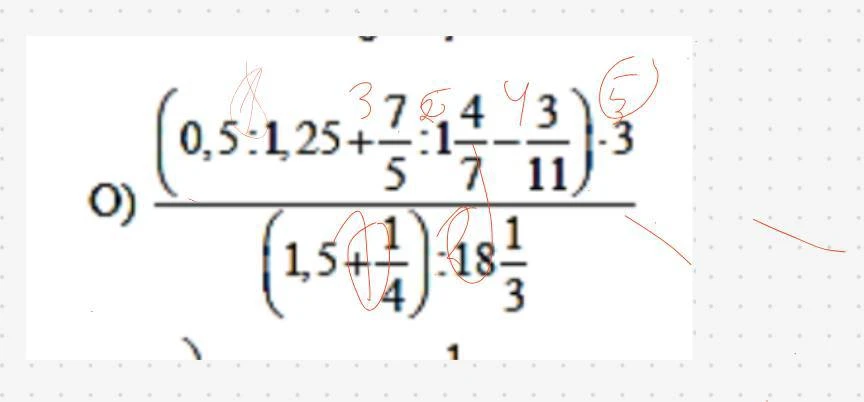 (0,5 : 1,25 + 7/5 : 1 4/7 - 3/11) * 3 / ((1,5 + 1/4) : 18 1/3)