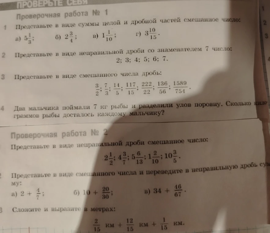 Проверочная работа № 1. Представьте в виде суммы целой и дробной частей смешанное число: а) 5 1/3; б) 2 3/4; в) 1 1/10; г) 3 10/15.