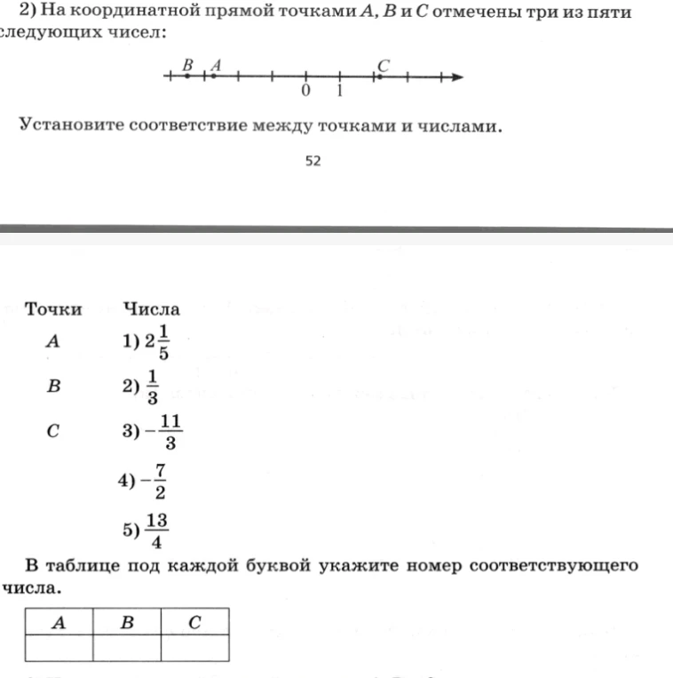 2) На координатной прямой точками A, B и C отмечены три из пяти следующих чисел: Установите соответствие между точками и числами.