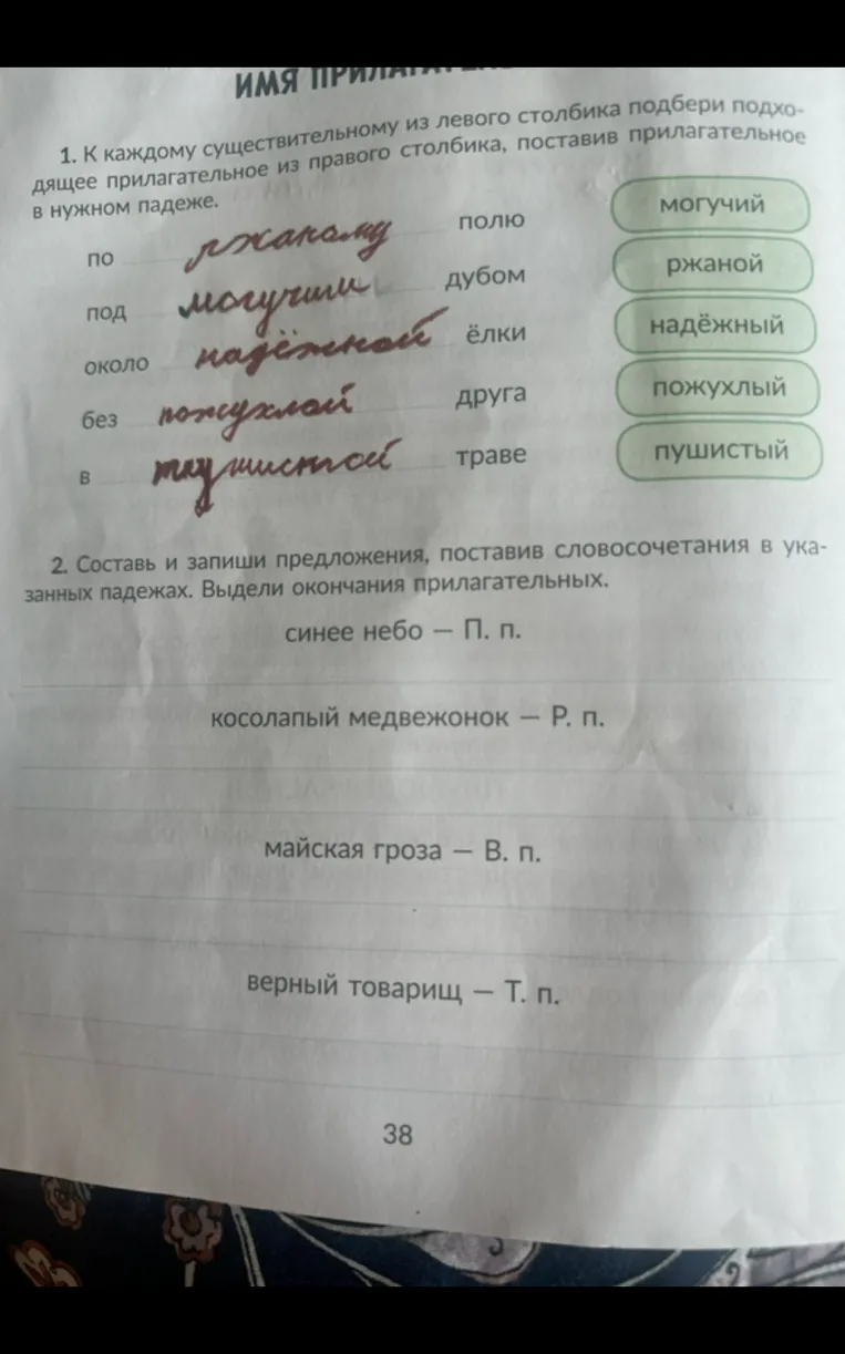 К каждому существительному из левого столбика подбери подходящее прилагательное из правого столбика, поставив прилагательное в нужном падеже.