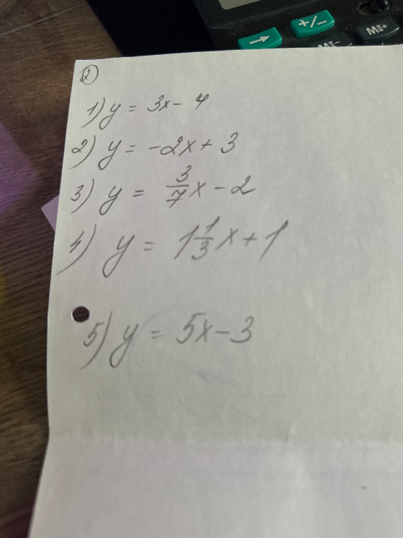 1) y = 3x - 4 2) y = -2x + 3 3) y = 3/7x - 2 4) y = 1 1/3x + 1 5) y = 5x - 3