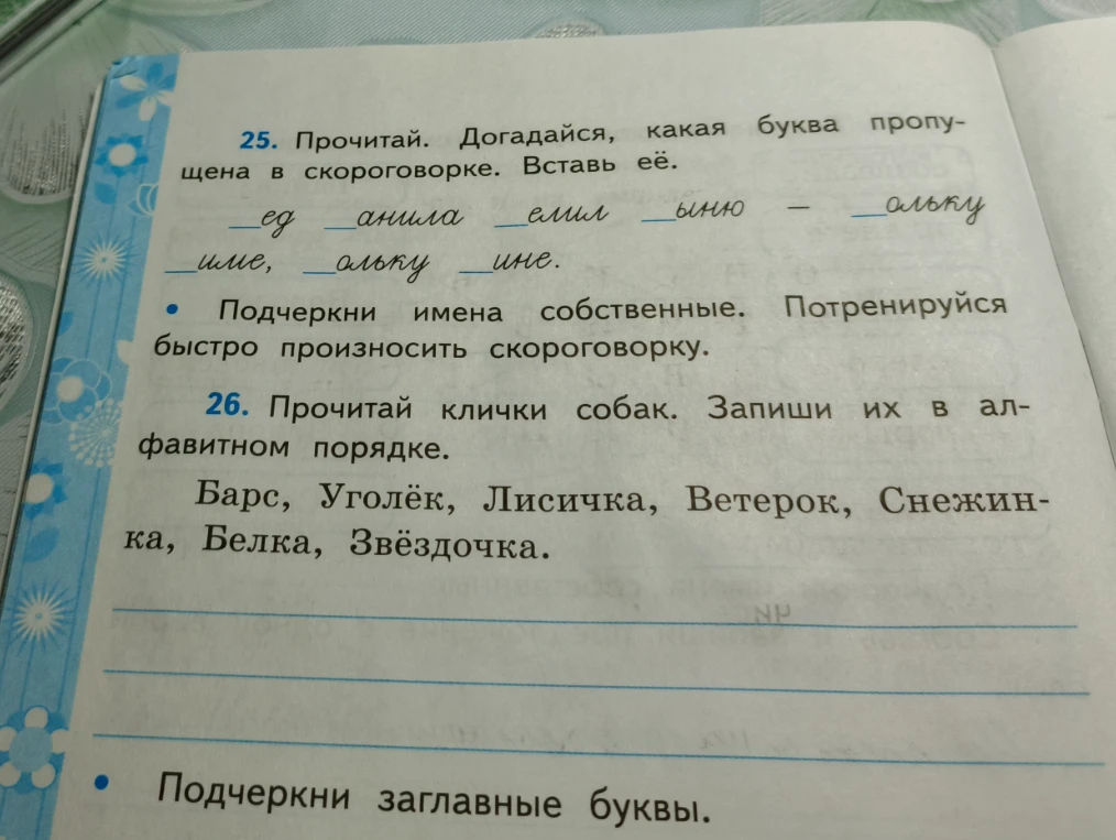 25. Прочитай. Догадайся, какая буква пропущена в скороговорке. Вставь её.