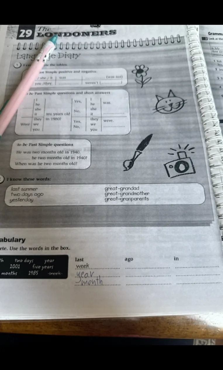 Complete the tables (Past Simple positive and negative). to be Past Simple questions and short answers. to be Past Simple questions. Complete. Use the words in the box.