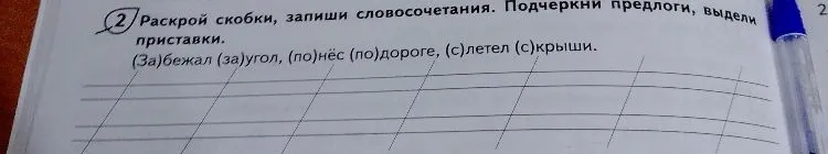 Раскрой скобки, запиши словосочетания. Подчеркни предлоги, выдели приставки.