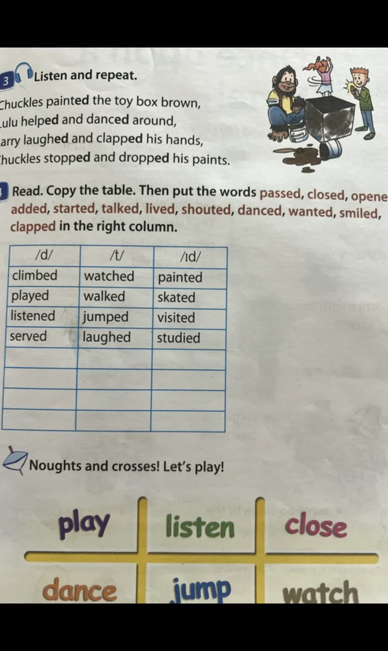 Read. Copy the table. Then put the words passed, closed, opened, added, started, talked, lived, shouted, danced, wanted, smiled, clapped in the right column.