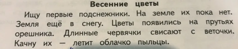 Весенние цветы. Ищу первые подснежники. На земле их пока нет. Земля ещё в снегу. Цветы появились на прутьях орешника. Длинные червячки свисают с веточки. Качну их — летит облачко пыльцы.