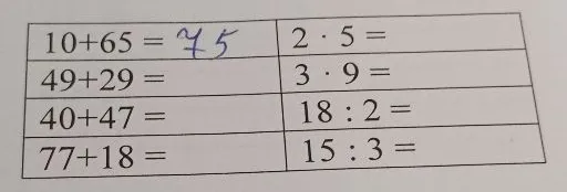 Решите примеры: 49+29, 40+47, 77+18, 2·5, 3·9, 18:2, 15:3.