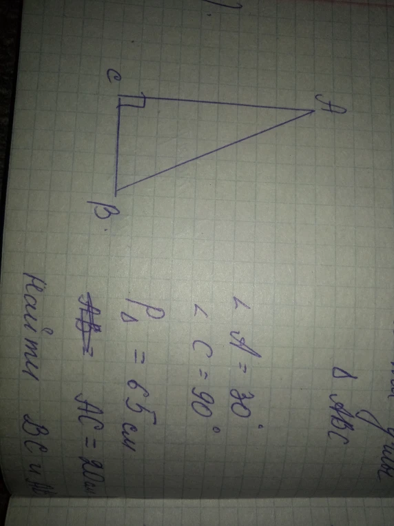 Дано: треугольник ABC, угол A = 30 градусов, угол C = 90 градусов, BC = 6,5 см. Найти: BC и AB.