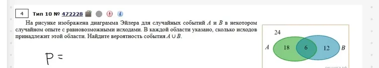 На рисунке изображена диаграмма Эйлера для случайных событий А и В в некотором случайном опыте с равновозможными исходами. В каждой области указано, сколько исходов принадлежит этой области. Найдите вероятность события A ∪ B.