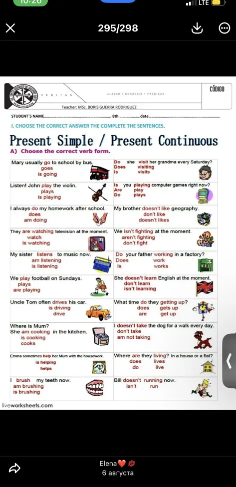 Choose the correct answer the complete the sentences. Present Simple / Present Continuous