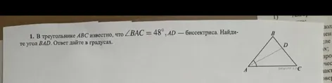 1. В треугольнике АВС известно, что ∠BAC = 48°, AD — биссектриса. Найдите угол BAD. Ответ дайте в градусах.