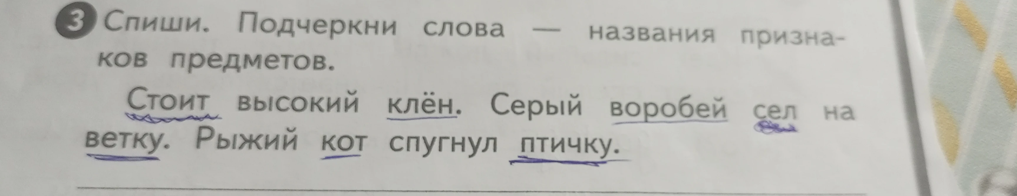 Спиши. Подчеркни слова — названия признаков предметов.
