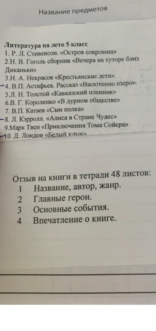 Литература на лето 5 класс. Отзыв на книги в тетради 48 листов.