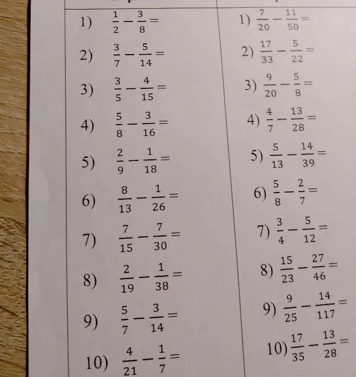 1) 1/2 - 3/8 =