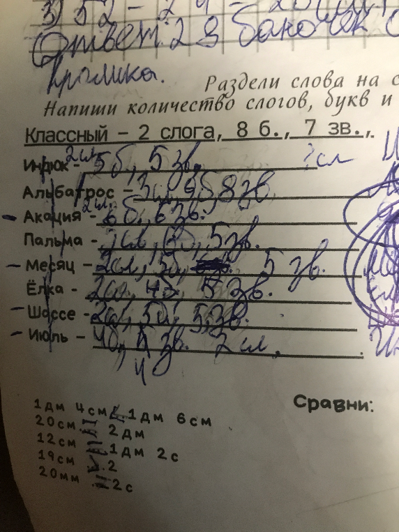 Раздели слова на слоги. Напиши количество слогов, букв и звуков.