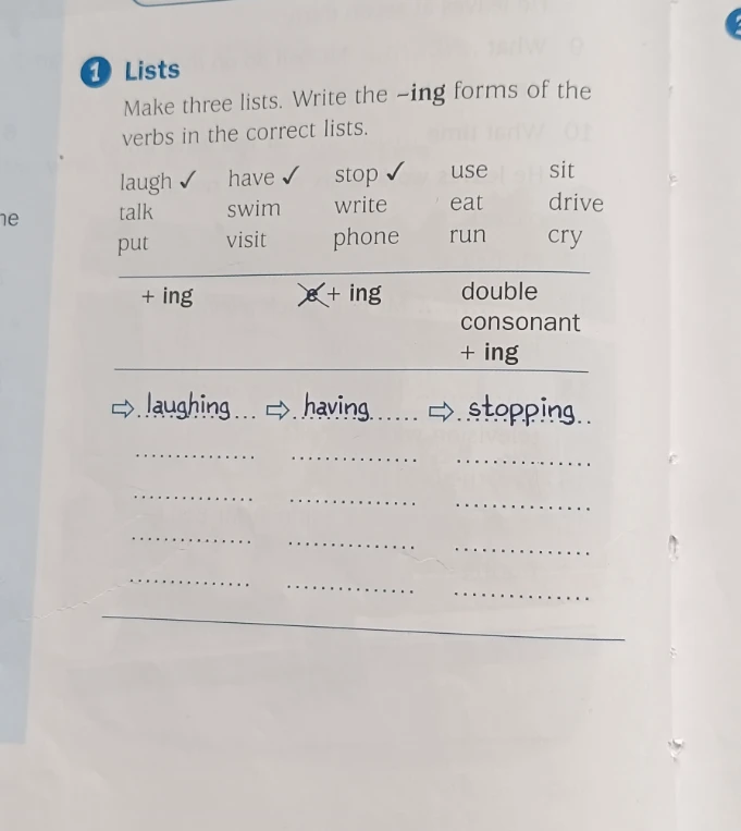 Make three lists. Write the -ing forms of the verbs in the correct lists.