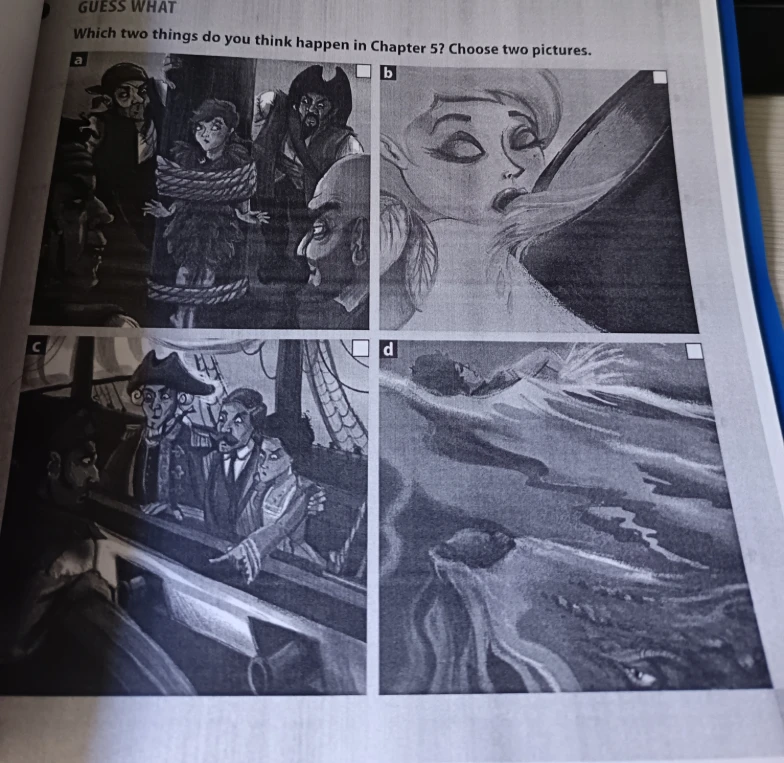Which two things do you think happen in Chapter 5? Choose two pictures.