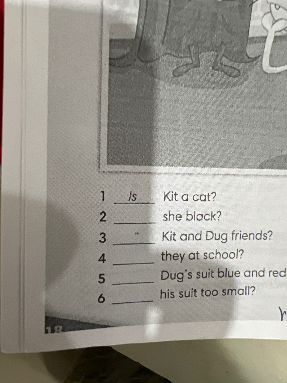 1 Is Kit a cat? 2 she black? 3 Kit and Dug friends? 4 they at school? 5 Dug's suit blue and red? 6 his suit too small?