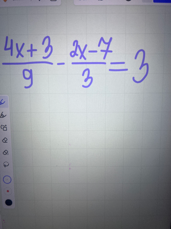 (4x + 3) / 9 - (2x - 7) / 3 = 3