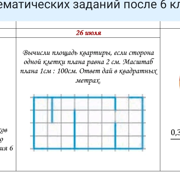 Вычисли площадь квартиры, если сторона одной клетки плана равна 2 см. Масштаб плана 1см : 100см. Ответ дай в квадратных метрах.