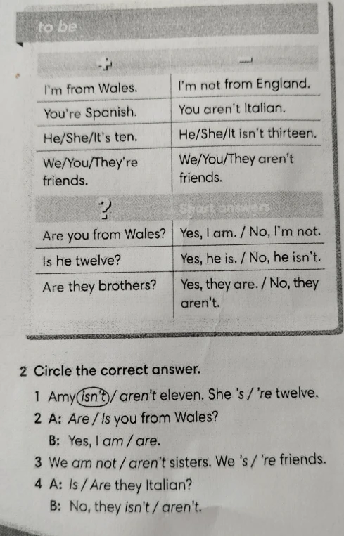 2 Circle the correct answer. 1 Amy(isn't)/ aren't eleven. She 's / 're twelve.