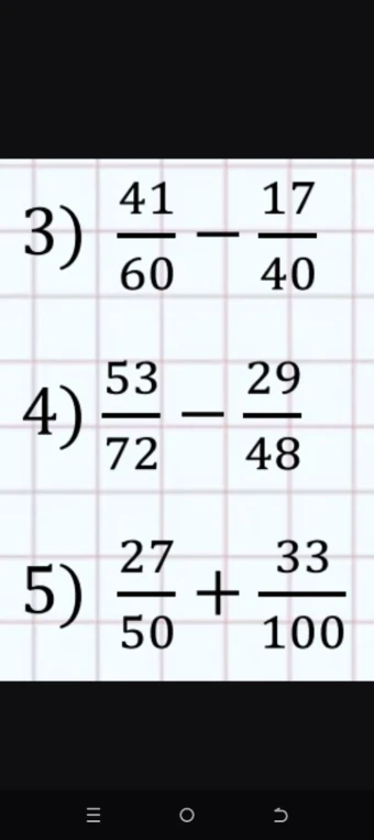 3) 41/60 - 17/40, 4) 53/72 - 29/48, 5) 27/50 + 33/100