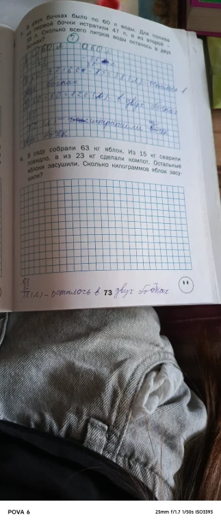 В саду собрали 63 кг яблок. Из 15 кг сварили повидло, а из 23 кг сделали компот. Остальные яблоки засушили. Сколько килограммов яблок засушили?