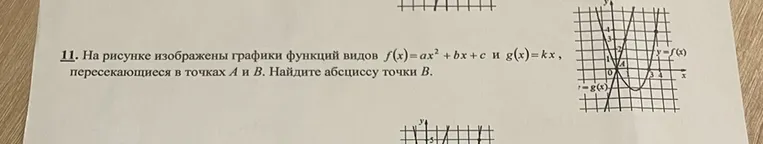 11. На рисунке изображены графики функций видов $f(x)=ax^2 + bx + c$ и $g(x)=kx$, пересекающиеся в точках $A$ и $B$. Найдите абсциссу точки $B$.