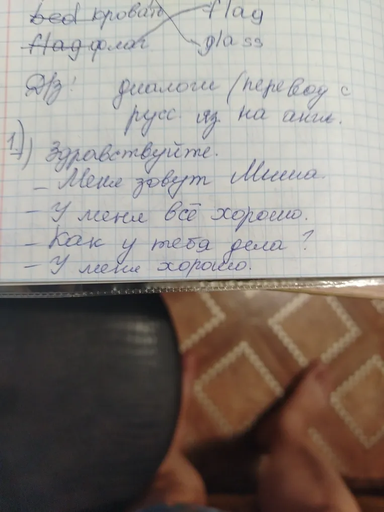 1) Здравствуйте. - Меня зовут Миша. - У меня всё хорошо. - Как у тебя дела? - У меня хорошо.
