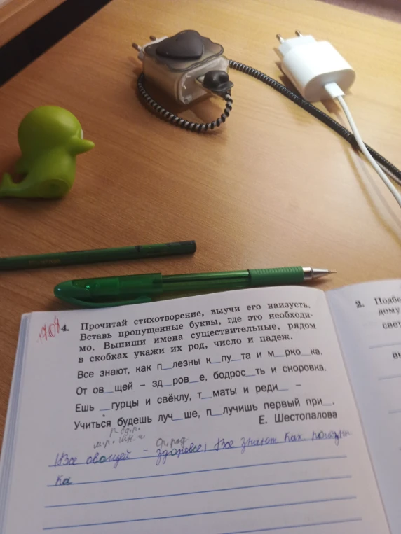 Прочитай стихотворение, выучи его наизусть. Вставь пропущенные буквы, где это необходимо. Выпиши имена существительные, рядом в скобках укажи их род, число и падеж.