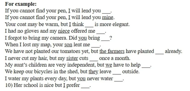 Заполните пропуски подходящими притяжательными местоимениями (Absolute Possessive Pronouns).
