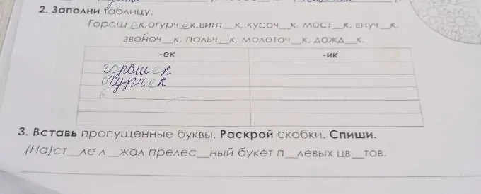 Заполни таблицу. Горош_к, огурч_к, винт_к, кусоч_к, мост_к, внуч_к, звоноч_к, пальч_к, молоточ_к, дожд_к.