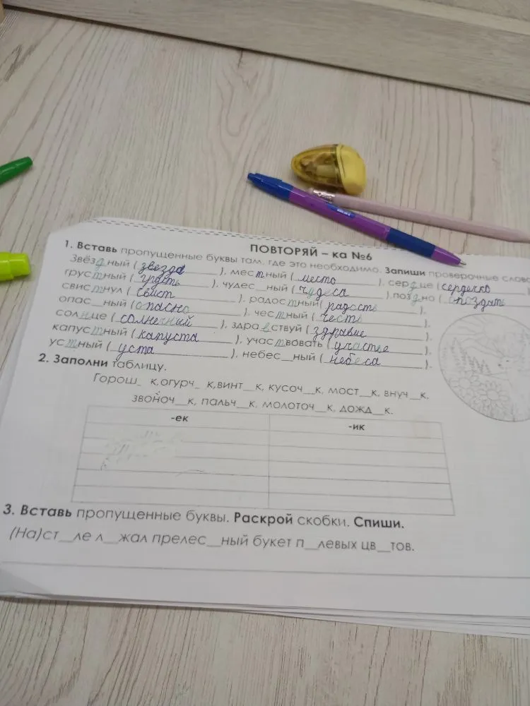 1. Вставь пропущенные буквы там, где это необходимо. Запиши проверочные слова.