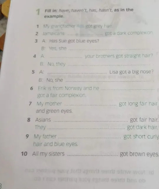 Fill in: have, haven't, has, hasn't, as in the example.