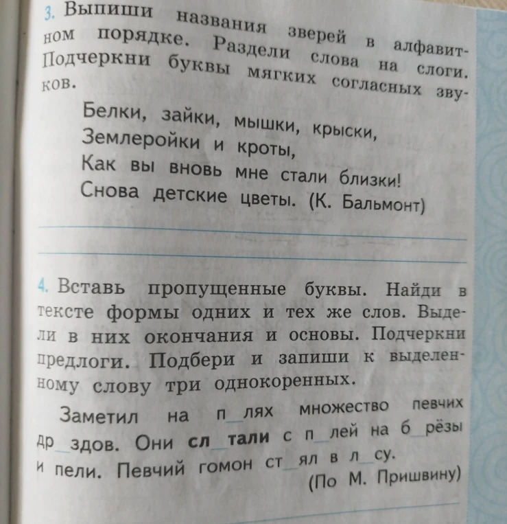 Выпиши названия зверей в алфавитном порядке. Раздели слова на слоги. Подчеркни буквы мягких согласных звуков.