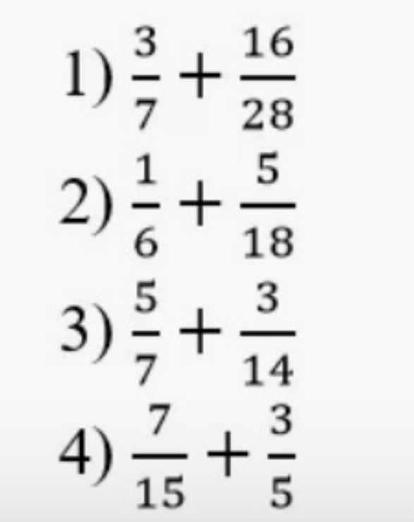 1) 3/7 + 16/28