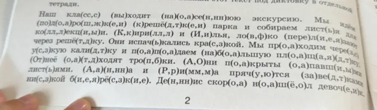 Наш кла(сс,с) (вы)ходит (на)(о,а)се(н,нн)юю экскурсию. Мы идём (по)д(о,а)ро(ш,ж)к(е,и) (к)решё(д,т)к(е,и) парка и собираем лист(ь)я для ко(лл,л)екц(и,ы)и.