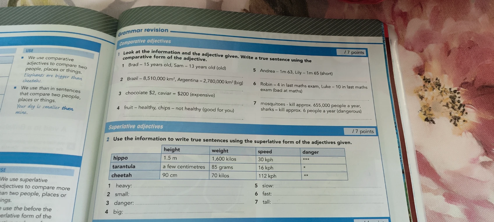 Look at the information and the adjective given. Write a true sentence using the comparative form of the adjective.