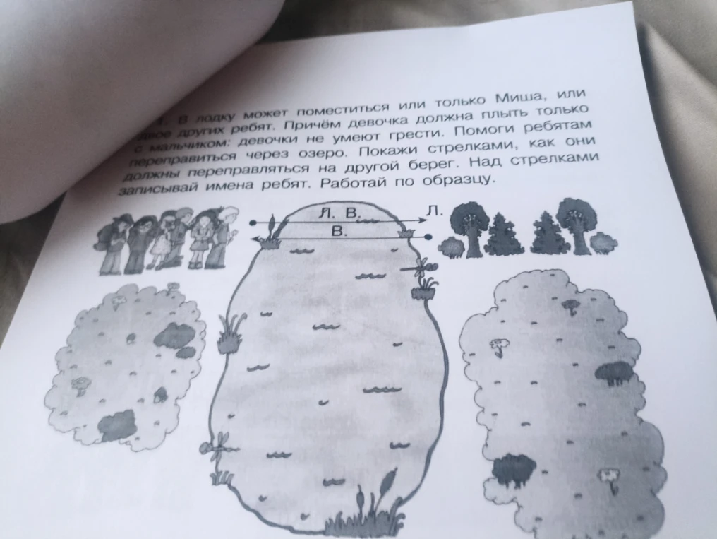 В лодку может поместиться или только Миша, или двое других ребят. Причём девочка должна плыть только с мальчиком: девочки не умеют грести. Помоги ребятам переправиться через озеро.