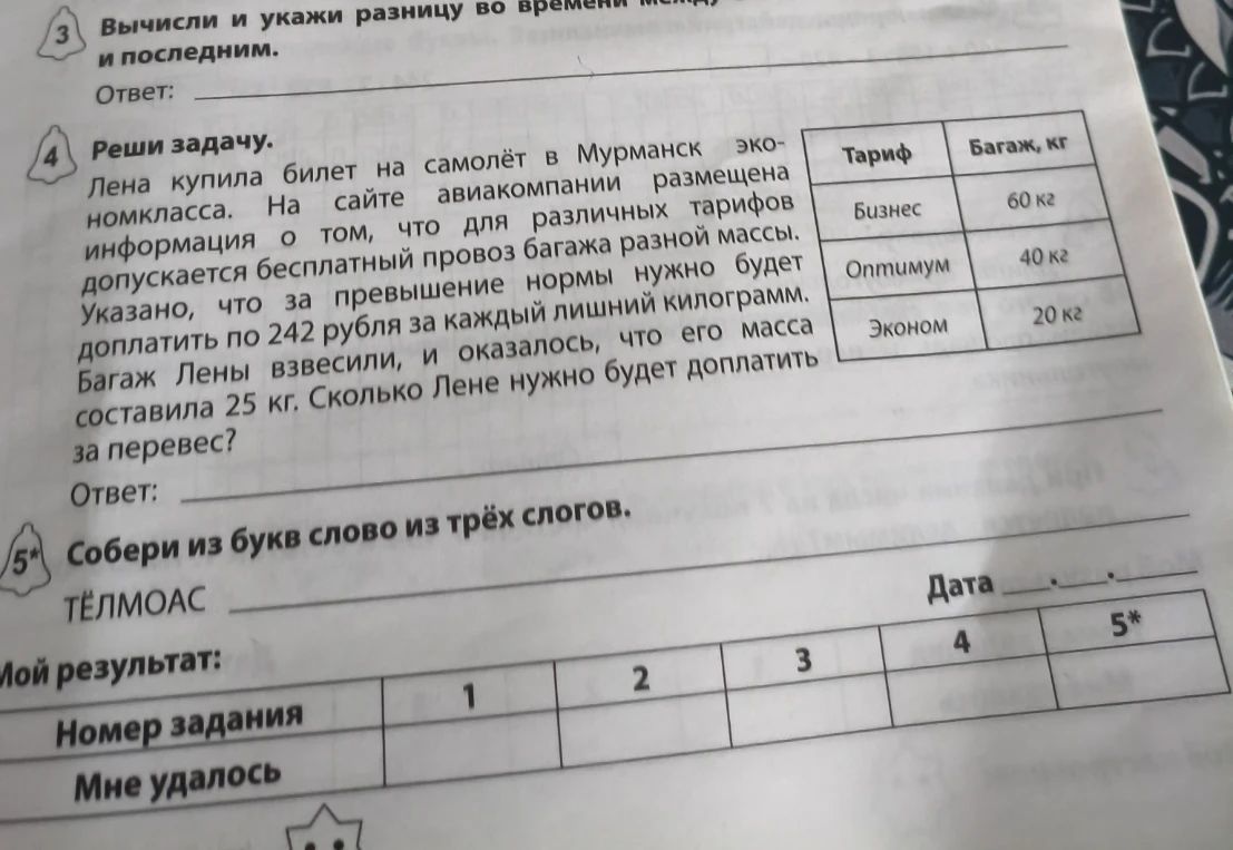 Лена купила билет на самолёт в Мурманск экономкласса. На сайте авиакомпании размещена информация о том, что для различных тарифов допускается бесплатный провоз багажа разной массы. Указано, что за превышение нормы нужно будет доплатить по 242 рубля за каждый лишний килограмм. Багаж Лены взвесили, и оказалось, что его масса составила 25 кг. Сколько Лене нужно будет доплатить за перевес?